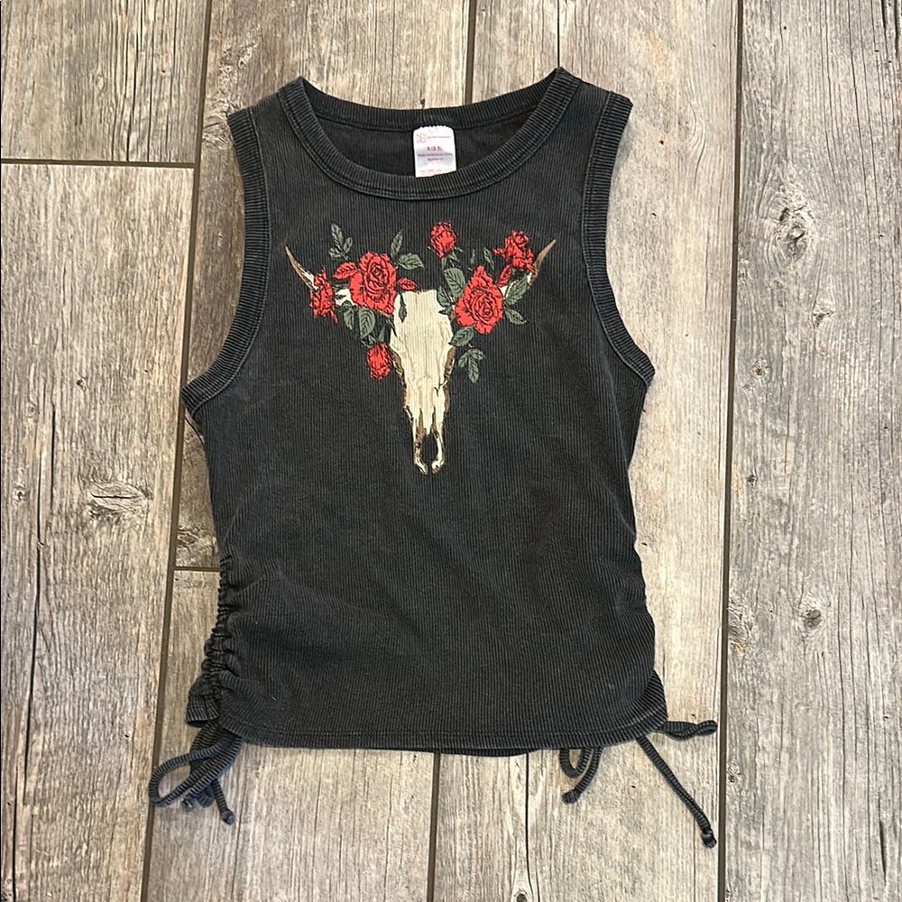 Black Tank Top with Skull and Red Rose Design, size small (3-5)